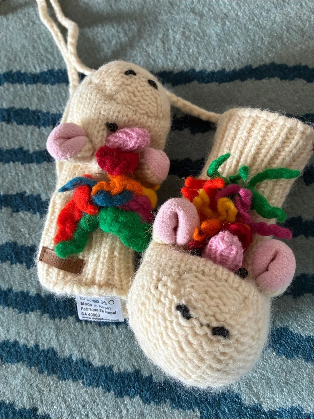Cream Hand-Knit Kids Mittens with Colorful Pom Flower Accents